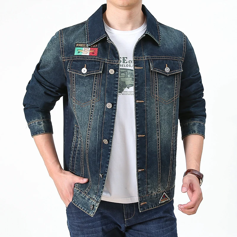Herren Jeansjacke im Vintage-Look mit Patches und bedrucktem Innenfutter Drune