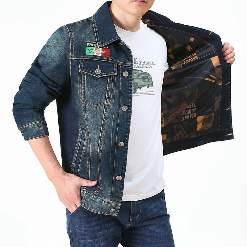Herren Jeansjacke im Vintage-Look mit Patches und bedrucktem Innenfutter Drune