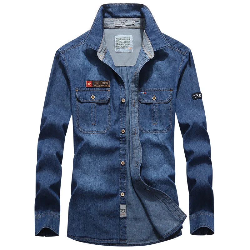 Herren Jeanshemd im Worker-Trucker-Stil mit Brustpattentaschen Drune