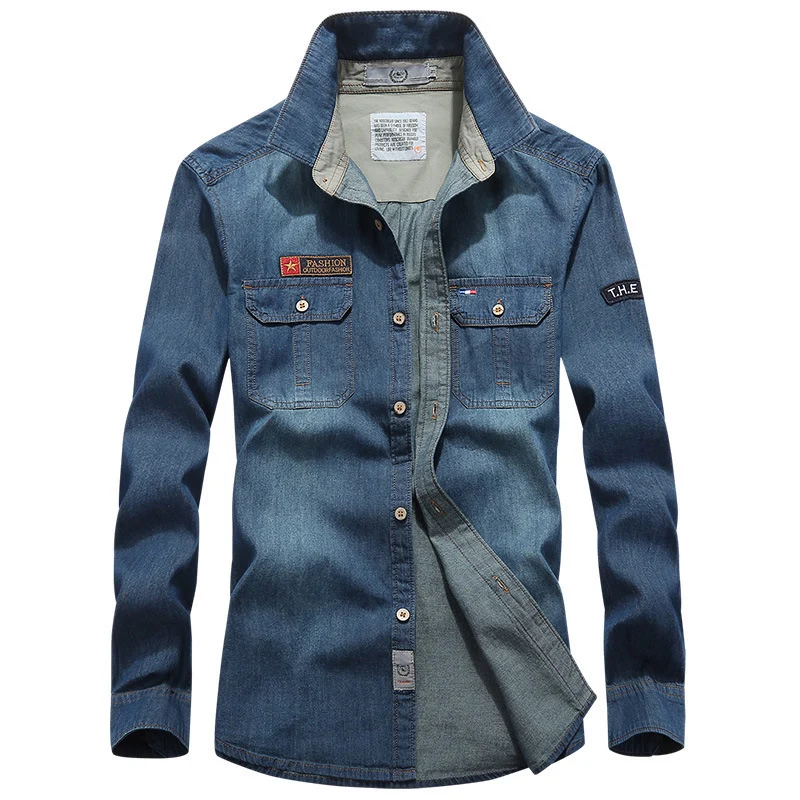 Herren Jeanshemd im Worker-Trucker-Stil mit Brustpattentaschen Drune