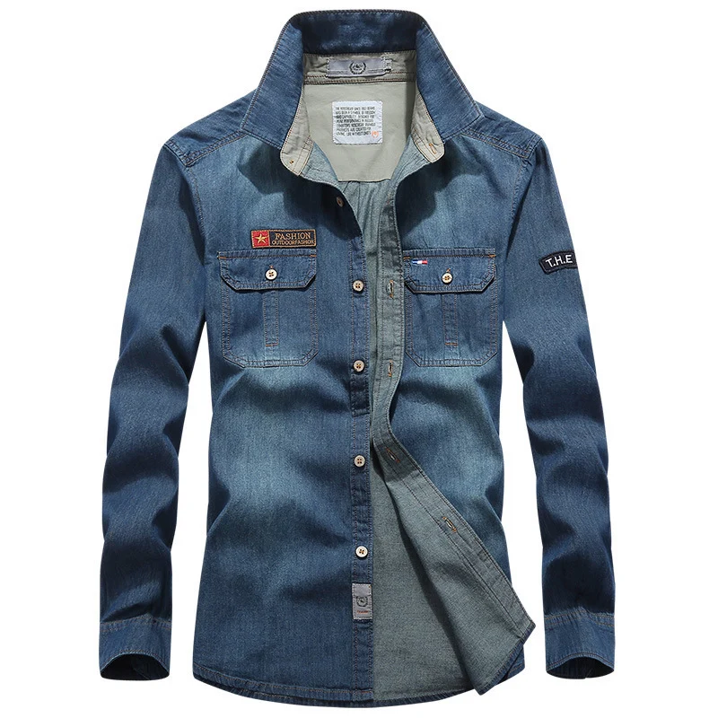Herren Jeanshemd im Worker-Trucker-Stil mit Brustpattentaschen Drune