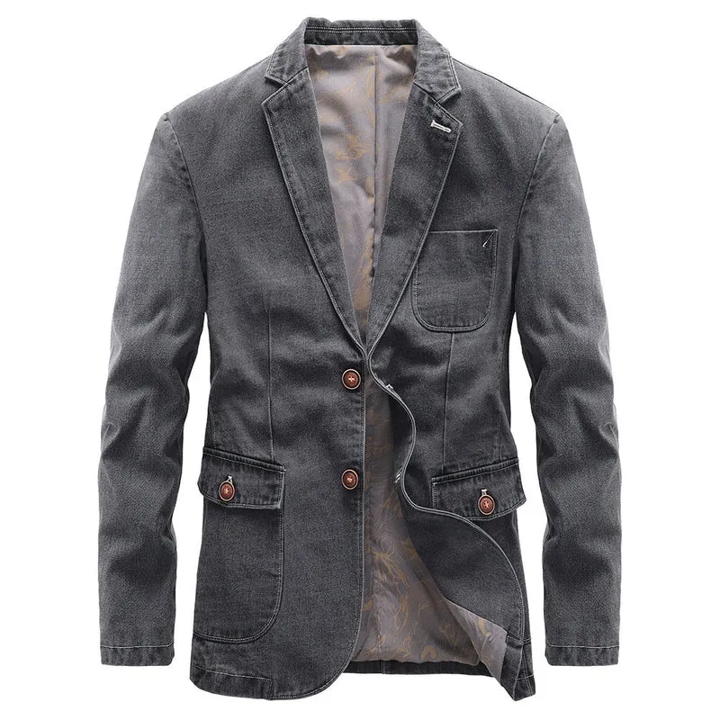 Herren Jeansblazer im Vintage-Look mit aufgesetzten Pattentaschen und dekorativer Kontrastnaht Drune
