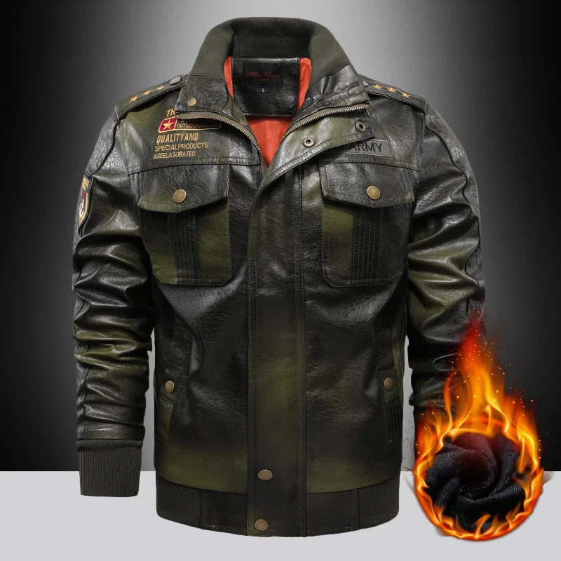 Herren isoliertes Kunstleder-Fliegerblouson im Military-Look mit Applikationen und gerippten Abschlüssen Drune
