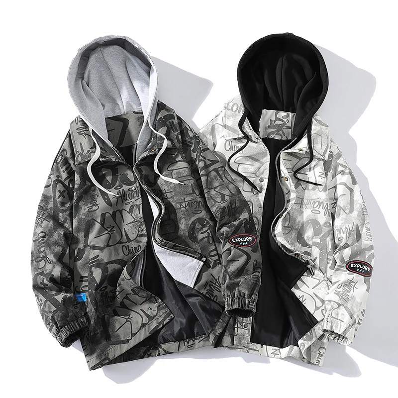 Herren Graffiti-Print Kapuzenparka mit Zip-In Fleece-Innenlayer Drune