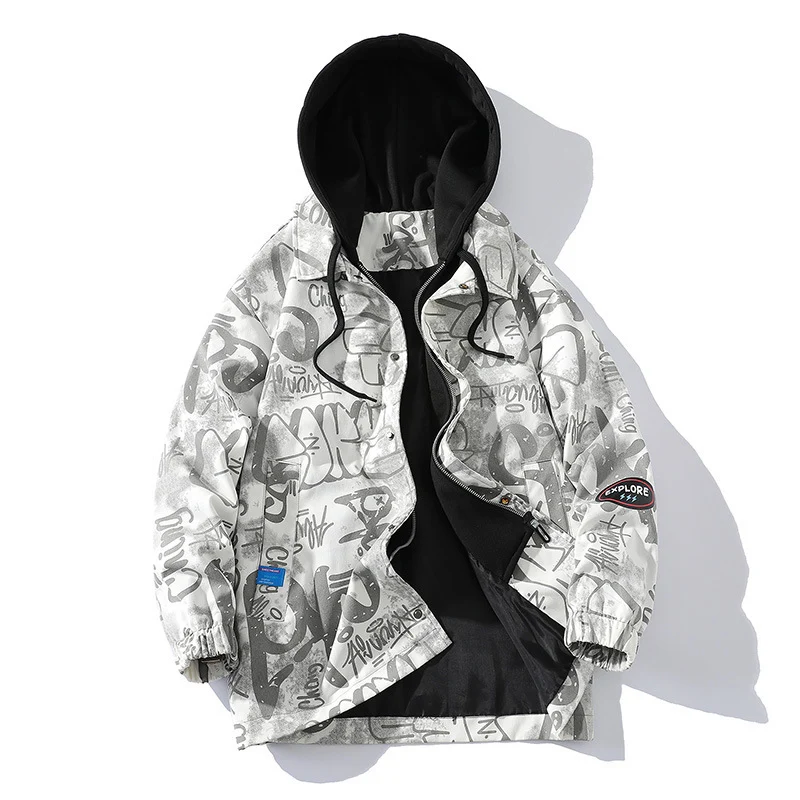 Herren Graffiti-Print Kapuzenparka mit Zip-In Fleece-Innenlayer Drune