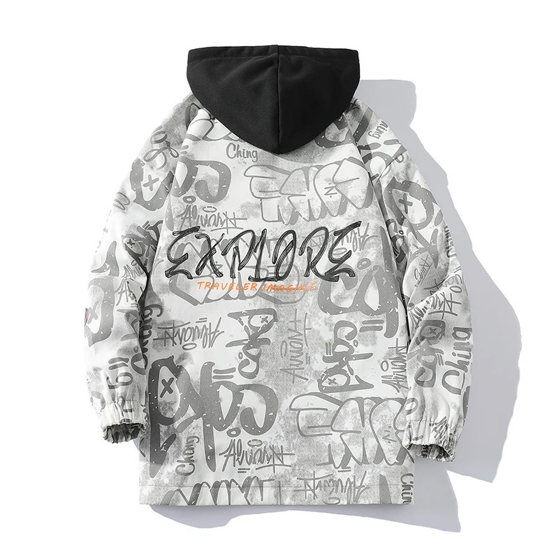 Herren Graffiti-Print Kapuzenparka mit Zip-In Fleece-Innenlayer Drune