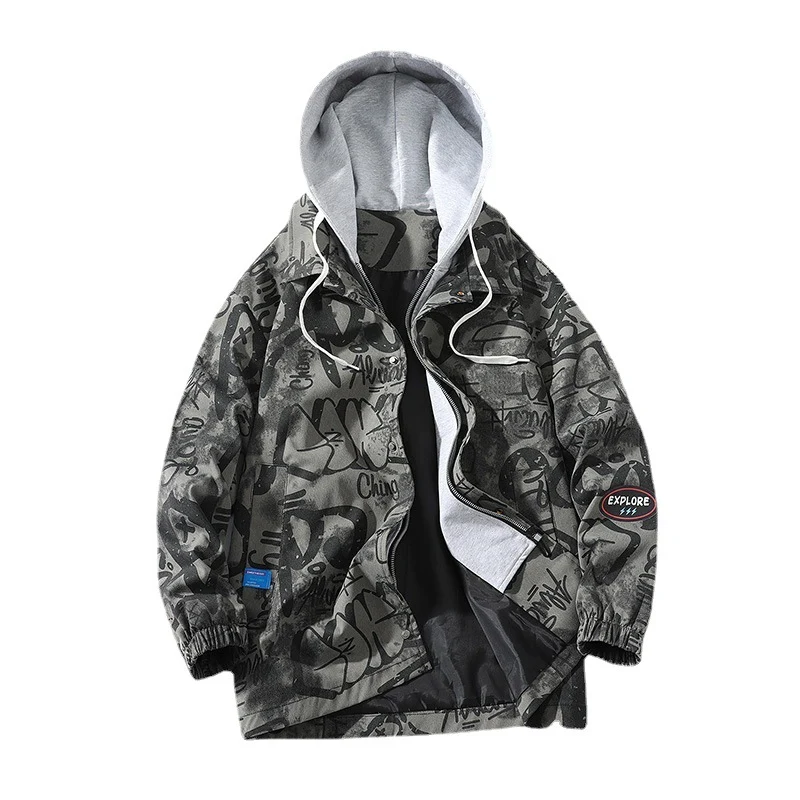 Herren Graffiti-Print Kapuzenparka mit Zip-In Fleece-Innenlayer Drune