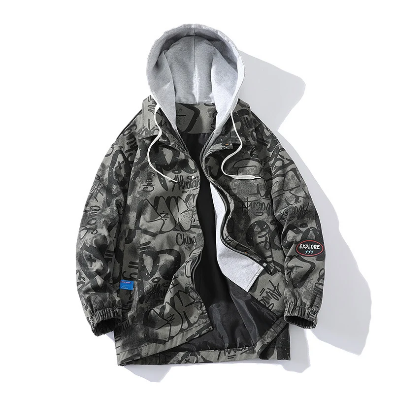 Herren Graffiti-Print Kapuzenparka mit Zip-In Fleece-Innenlayer Drune
