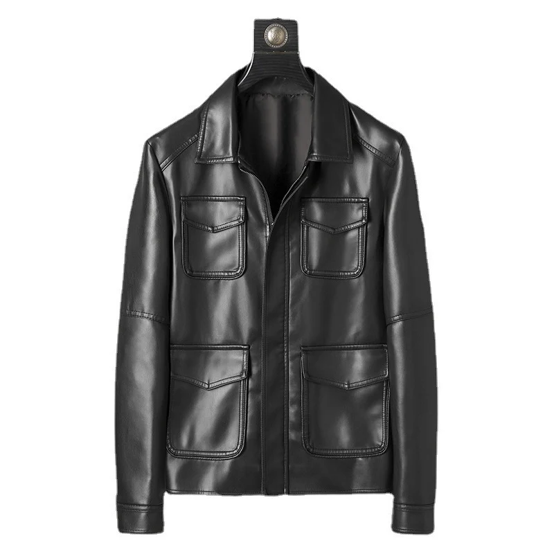 Herren glatte Kunstleder-Fieldjacke mit vier aufgesetzten Pattentaschen Drune