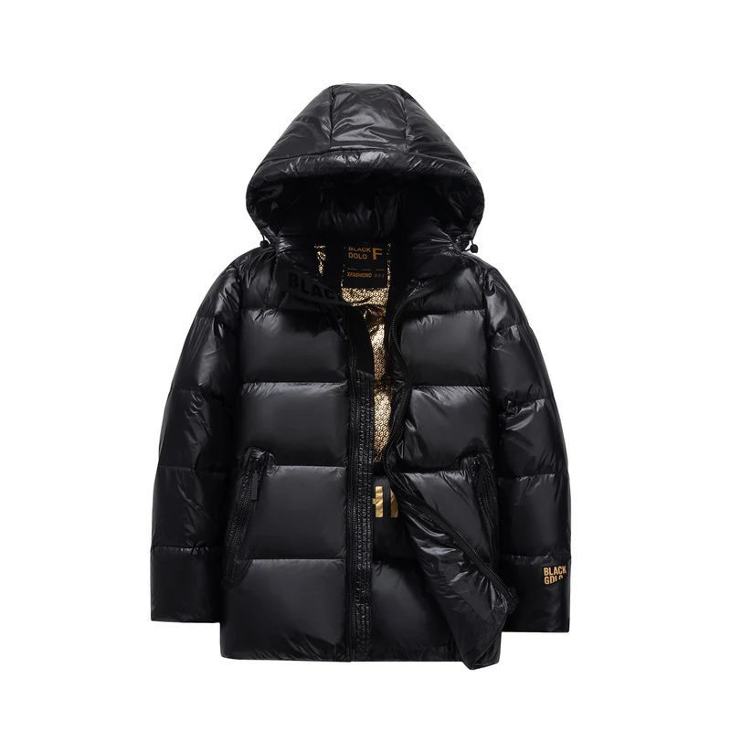 Herren glänzende gesteppte Daunenjacke mit Kapuze und hohem Kragen Drune