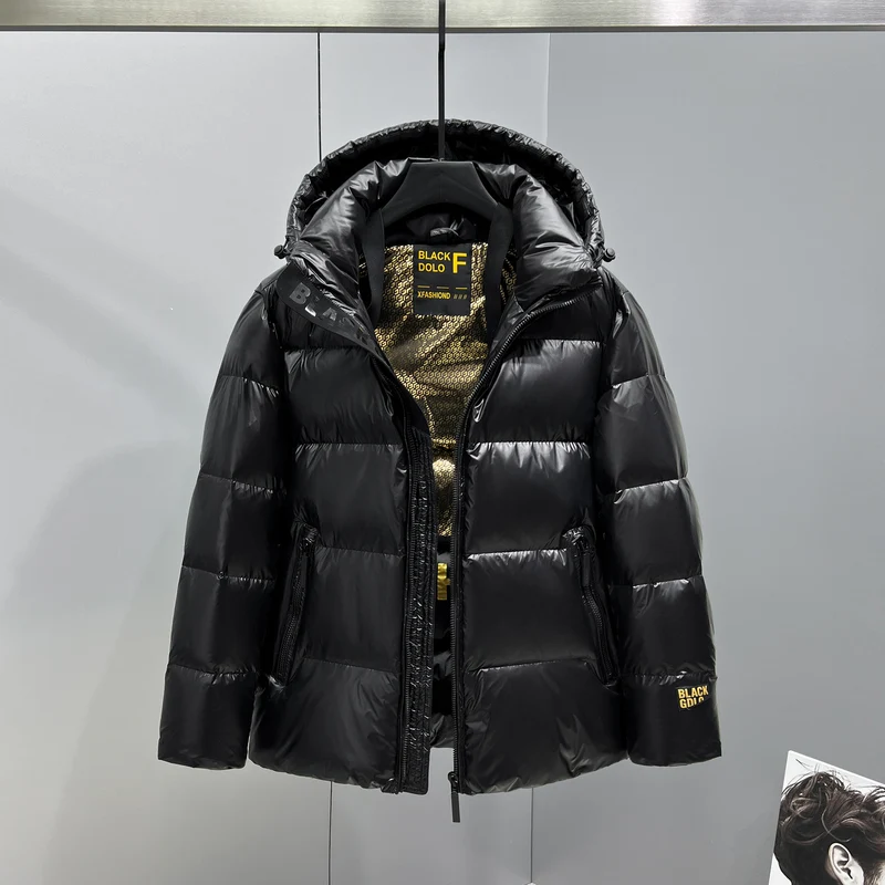 Herren glänzende gesteppte Daunenjacke mit Kapuze und hohem Kragen Drune