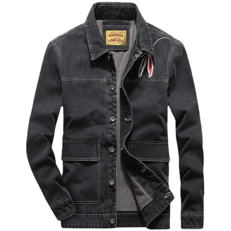 Herren gewaschene Denimjacke im Vintage-Look mit aufgesetzten Pattentaschen Drune