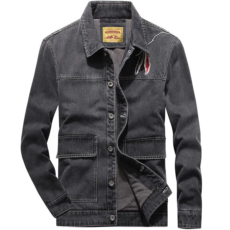 Herren gewaschene Denimjacke im Vintage-Look mit aufgesetzten Pattentaschen Drune