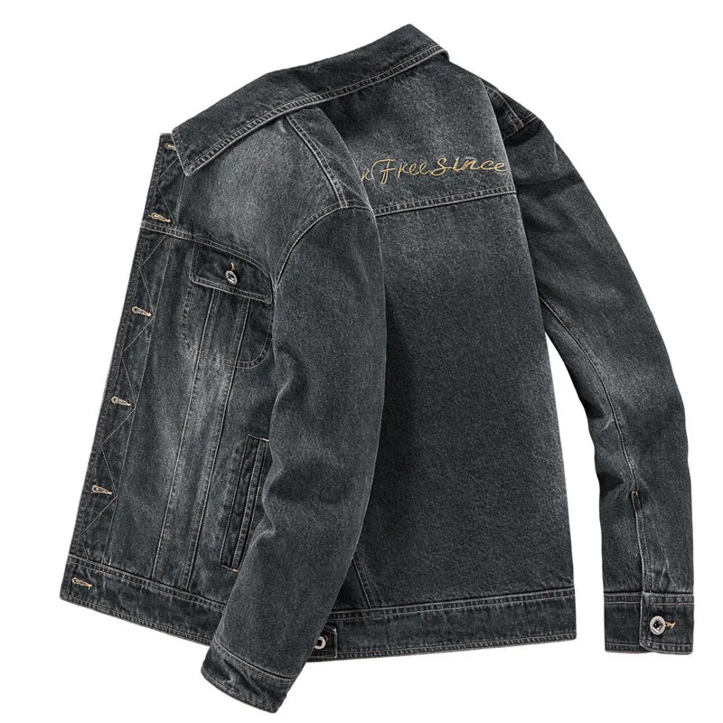 Herren gewaschene Denim-Workerjacke mit bedrucktem Innenfutter und Brustpattentaschen Drune