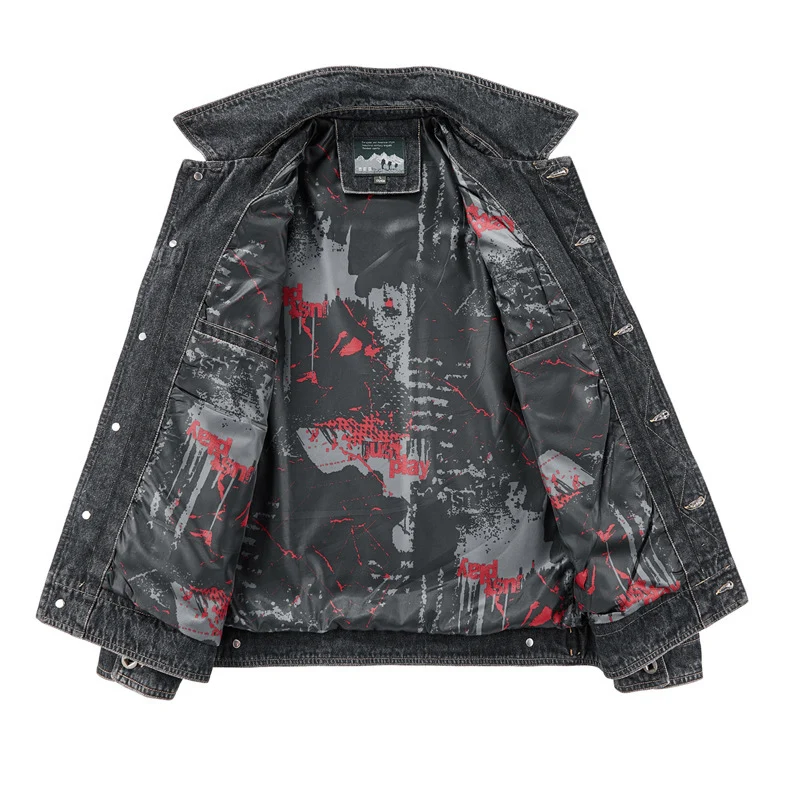 Herren gewaschene Denim-Workerjacke mit bedrucktem Innenfutter und Brustpattentaschen Drune