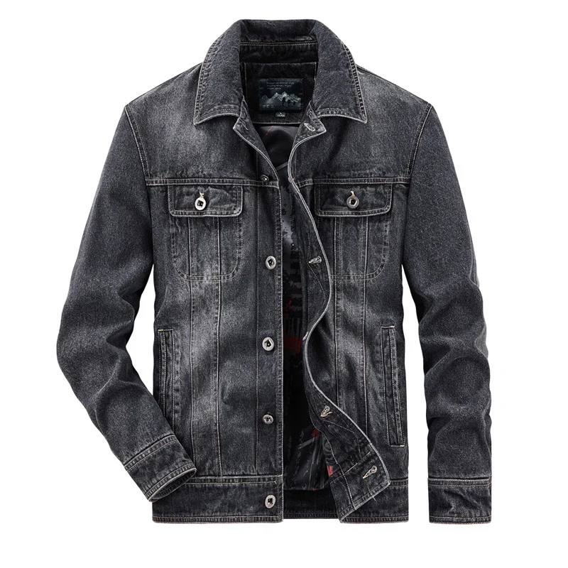 Herren gewaschene Denim-Workerjacke mit bedrucktem Innenfutter und Brustpattentaschen Drune