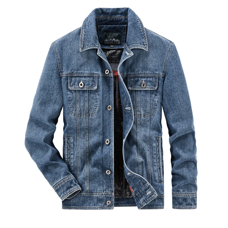 Herren gewaschene Denim-Workerjacke mit bedrucktem Innenfutter und Brustpattentaschen Drune