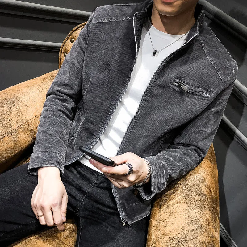 Herren gewaschene Baumwoll-Blousonjacke im Vintage‑Bikerstil mit Stehkragen und Brust-Reißverschlusstasche Drune