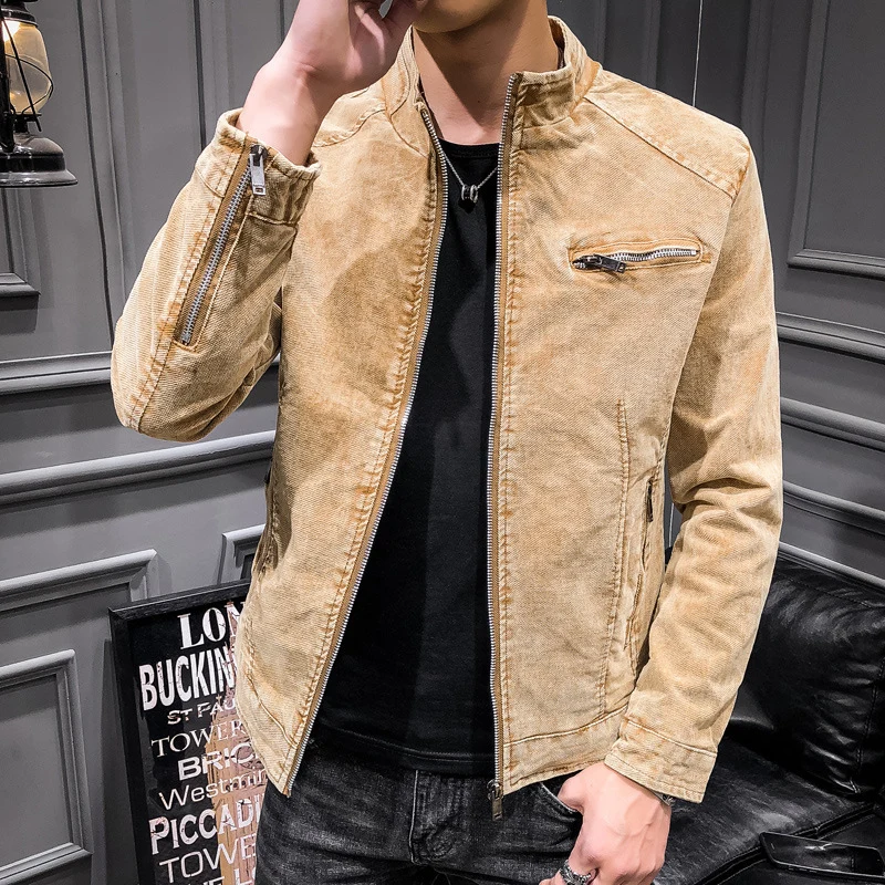 Herren gewaschene Baumwoll-Blousonjacke im Vintage‑Bikerstil mit Stehkragen und Brust-Reißverschlusstasche Drune