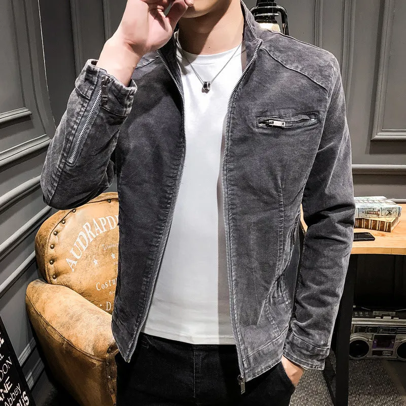 Herren gewaschene Baumwoll-Blousonjacke im Vintage‑Bikerstil mit Stehkragen und Brust-Reißverschlusstasche Drune