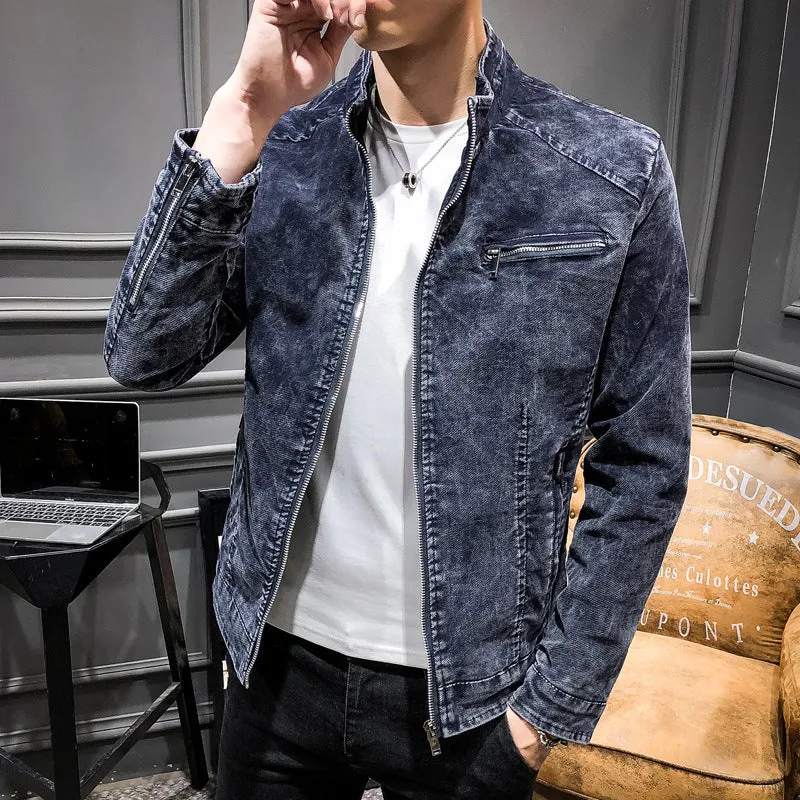Herren gewaschene Baumwoll-Blousonjacke im Vintage‑Bikerstil mit Stehkragen und Brust-Reißverschlusstasche Drune