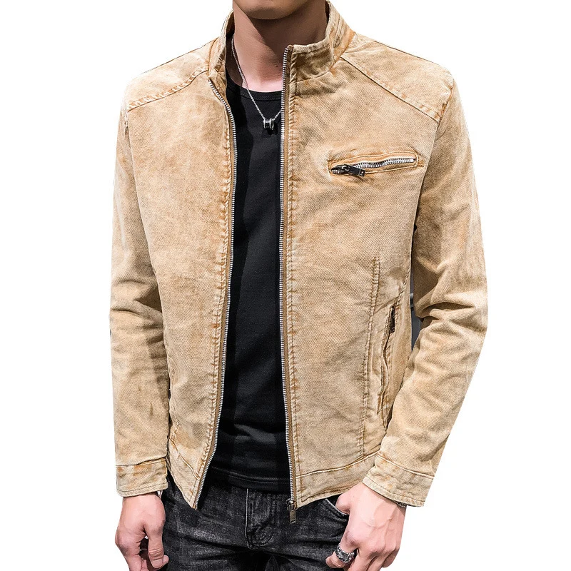 Herren gewaschene Baumwoll-Blousonjacke im Vintage‑Bikerstil mit Stehkragen und Brust-Reißverschlusstasche Drune