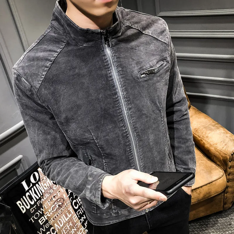 Herren gewaschene Baumwoll-Blousonjacke im Vintage‑Bikerstil mit Stehkragen und Brust-Reißverschlusstasche Drune