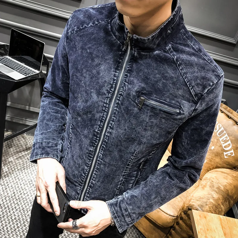 Herren gewaschene Baumwoll-Blousonjacke im Vintage‑Bikerstil mit Stehkragen und Brust-Reißverschlusstasche Drune