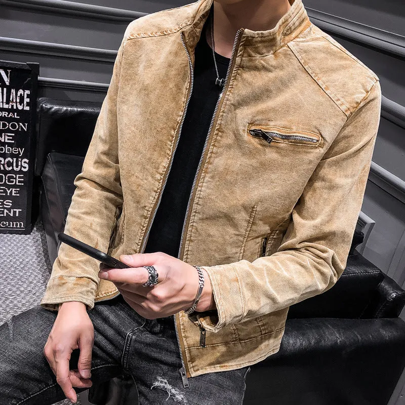 Herren gewaschene Baumwoll-Blousonjacke im Vintage‑Bikerstil mit Stehkragen und Brust-Reißverschlusstasche Drune