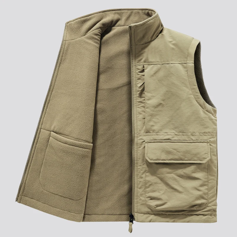 Herren gesteppte Outdoor‑Weste mit Fleece‑Innenlage, hohem Kragen und Multifunktions‑Klappentaschen Drune