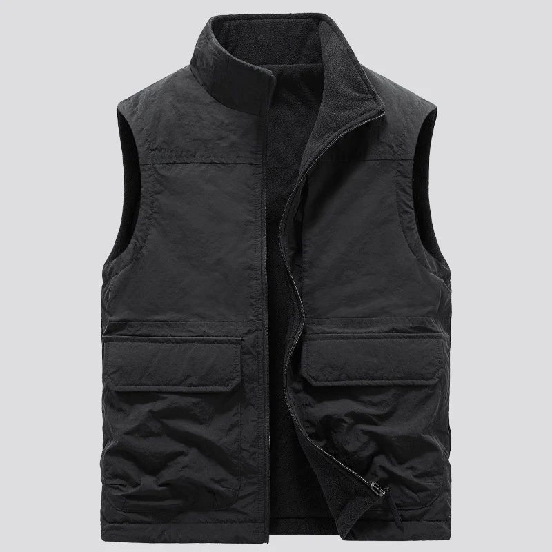 Herren gesteppte Outdoor‑Weste mit Fleece‑Innenlage, hohem Kragen und Multifunktions‑Klappentaschen Drune