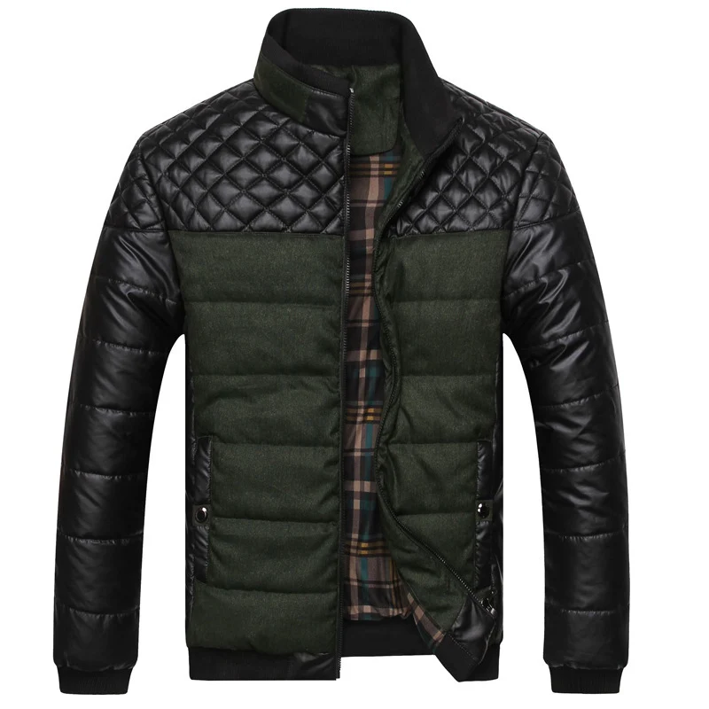 Herren gesteppte Hybrid-Steppjacke mit Kunstlederärmeln, hochschließendem Kragen und kariertem Innenfutter Drune