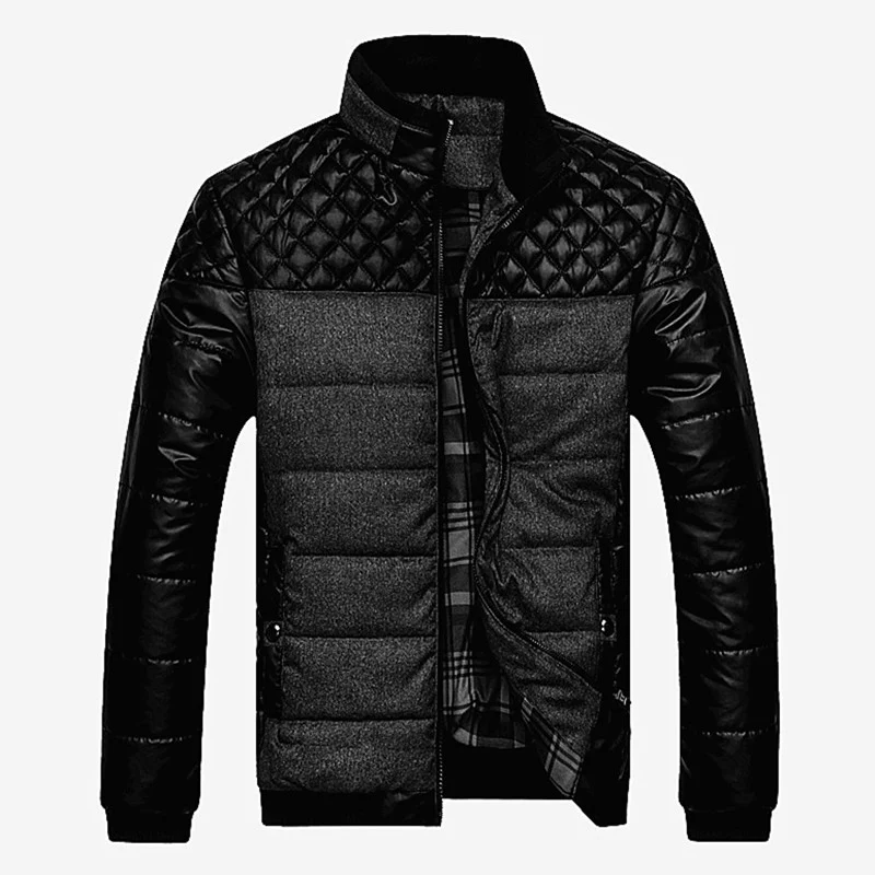 Herren gesteppte Hybrid-Steppjacke mit Kunstlederärmeln, hochschließendem Kragen und kariertem Innenfutter Drune