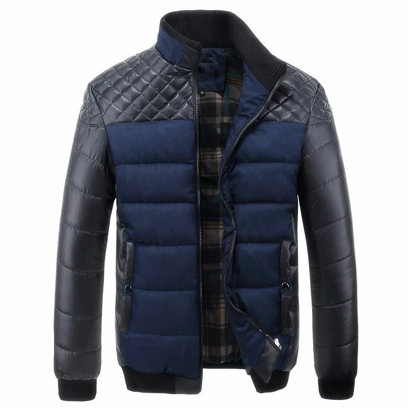 Herren gesteppte Hybrid-Steppjacke mit Kunstlederärmeln, hochschließendem Kragen und kariertem Innenfutter Drune