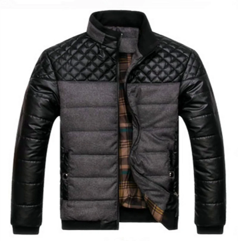 Herren gesteppte Hybrid-Steppjacke mit Kunstlederärmeln, hochschließendem Kragen und kariertem Innenfutter Drune