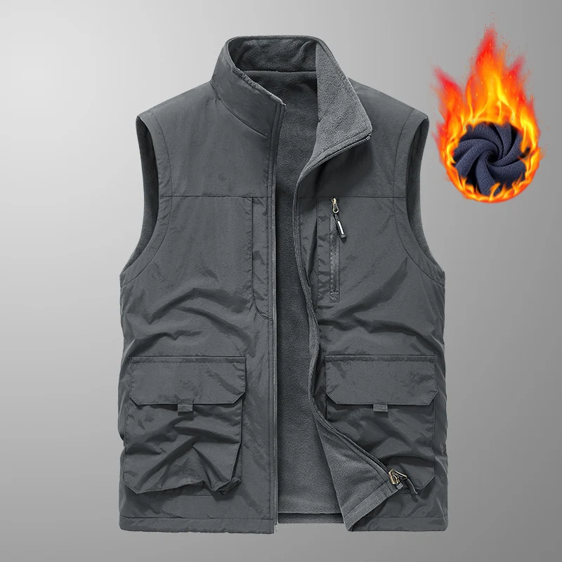 Herren gesteppte Fleece-gefütterte Utility-Weste mit Mehrfach-Taschen und Stehkragen Drune