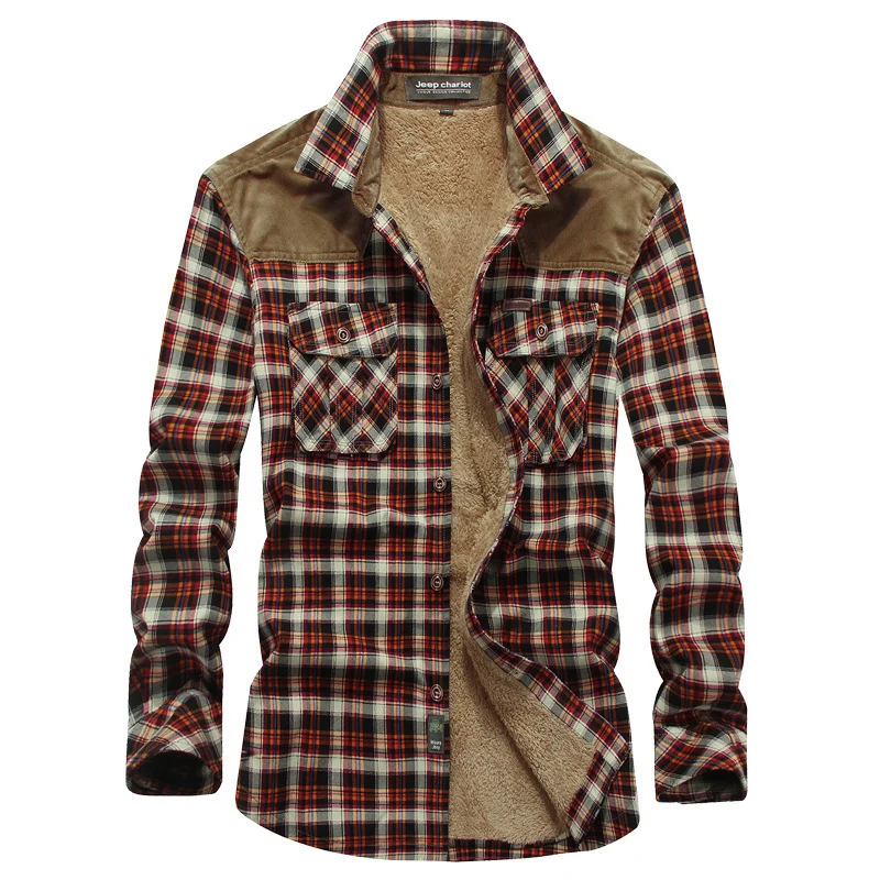 Herren Gefüttertes Karo‑Hemd mit Teddyfleece‑Innenfutter und Cord‑Schulterpasse Drune