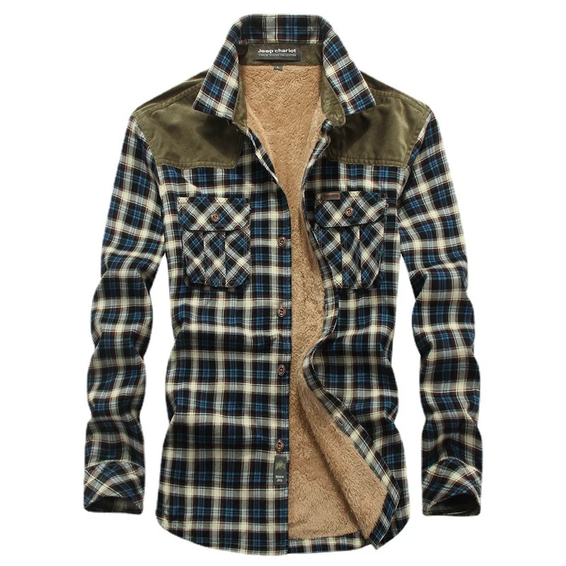Herren Gefüttertes Karo‑Hemd mit Teddyfleece‑Innenfutter und Cord‑Schulterpasse Drune