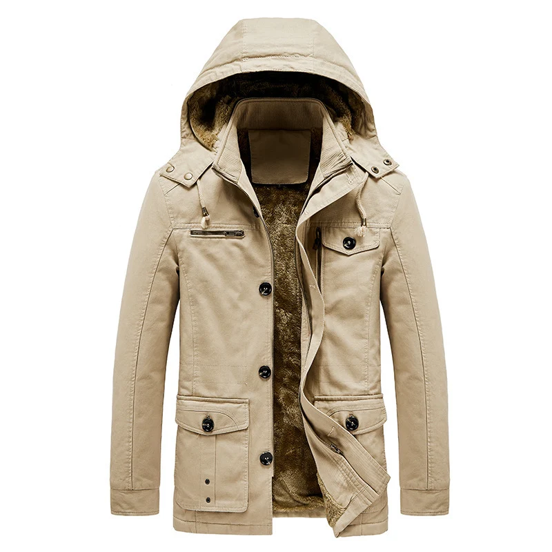 Herren gefütterter Kapuzenparka im Canvas‑Look mit Teddyfutter und Multifunktions‑Taschen Drune