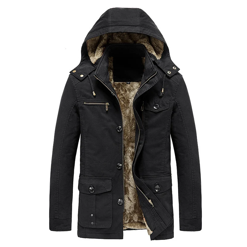 Herren gefütterter Kapuzenparka im Canvas‑Look mit Teddyfutter und Multifunktions‑Taschen Drune