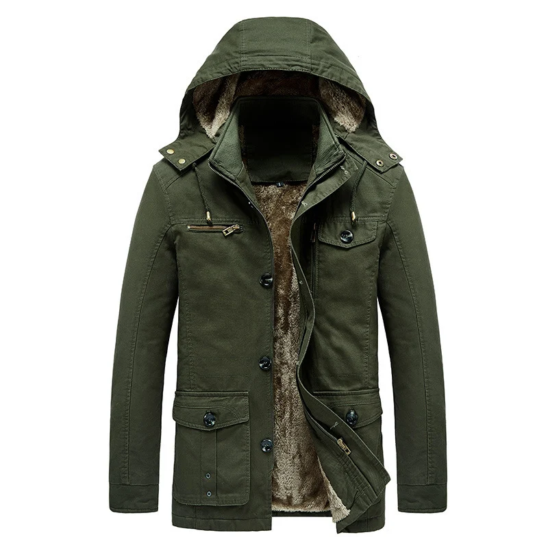 Herren gefütterter Kapuzenparka im Canvas‑Look mit Teddyfutter und Multifunktions‑Taschen Drune