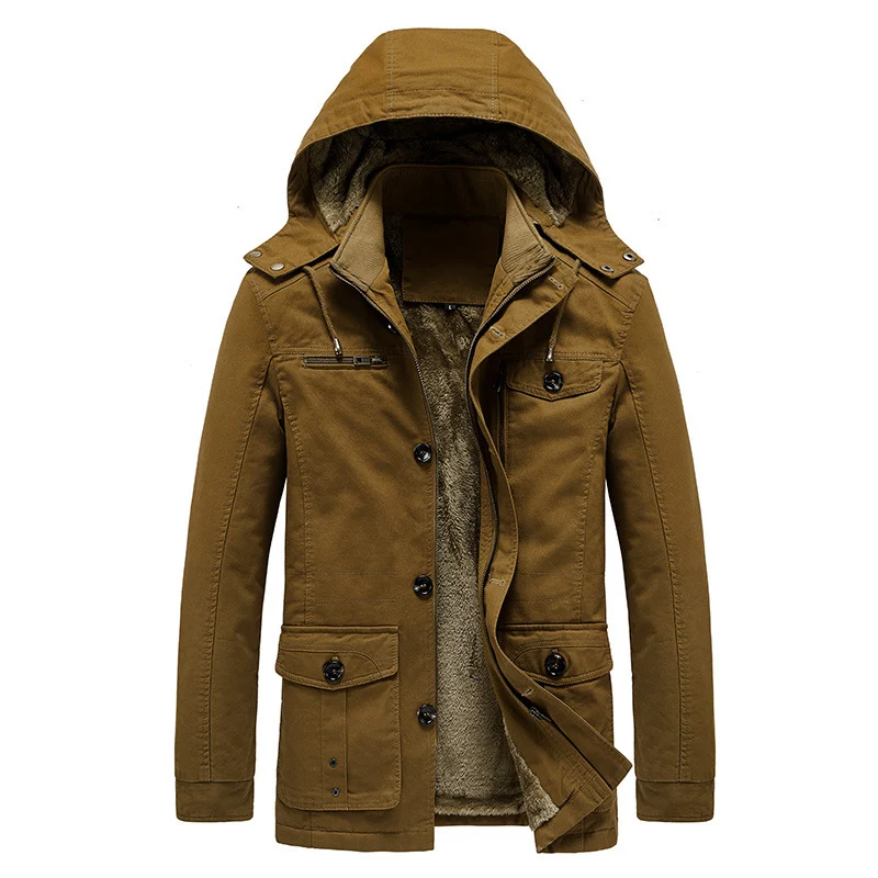 Herren gefütterter Kapuzenparka im Canvas‑Look mit Teddyfutter und Multifunktions‑Taschen Drune
