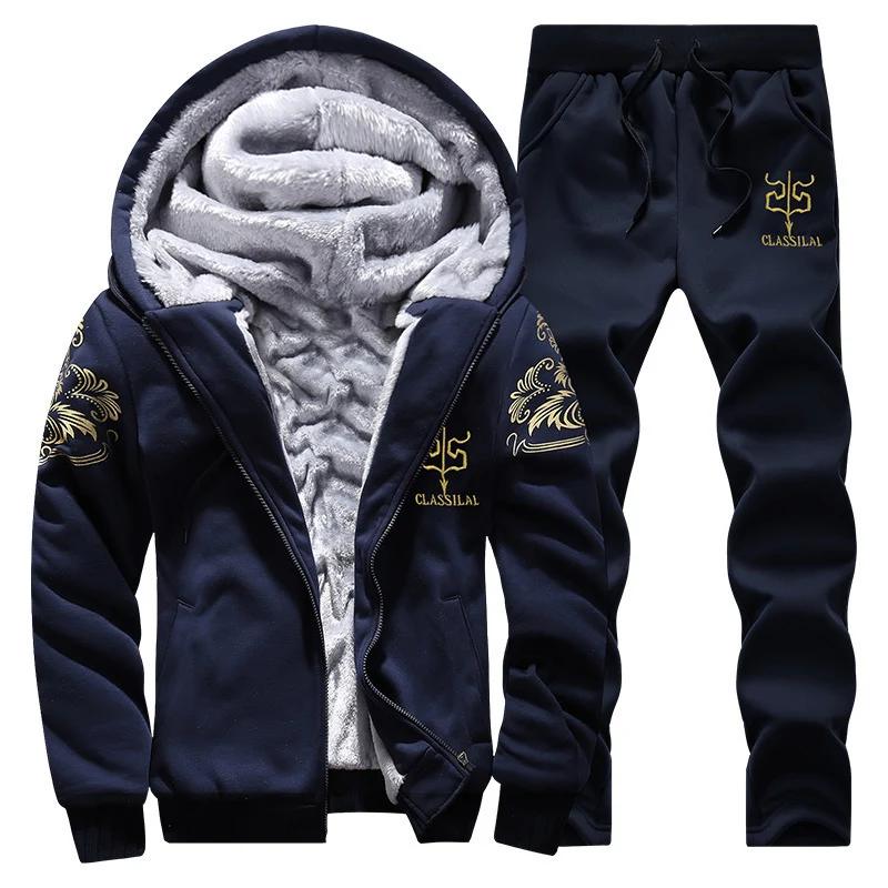 Herren gefütterter Hoodie-Trainingsanzug mit Teddyfleece-Innenfutter, Reißverschlussjacke und Jogger Drune