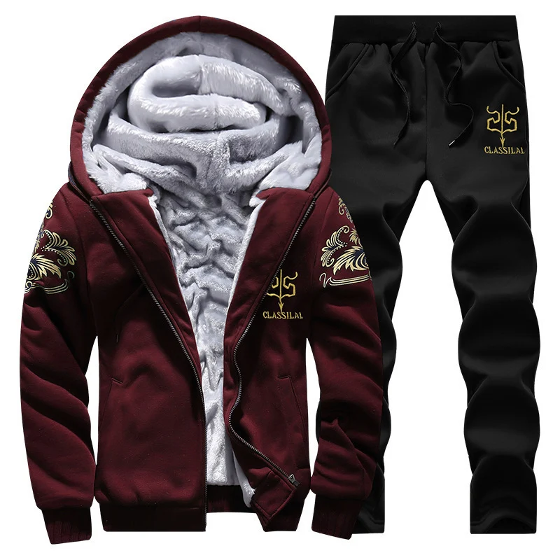 Herren gefütterter Hoodie-Trainingsanzug mit Teddyfleece-Innenfutter, Reißverschlussjacke und Jogger Drune