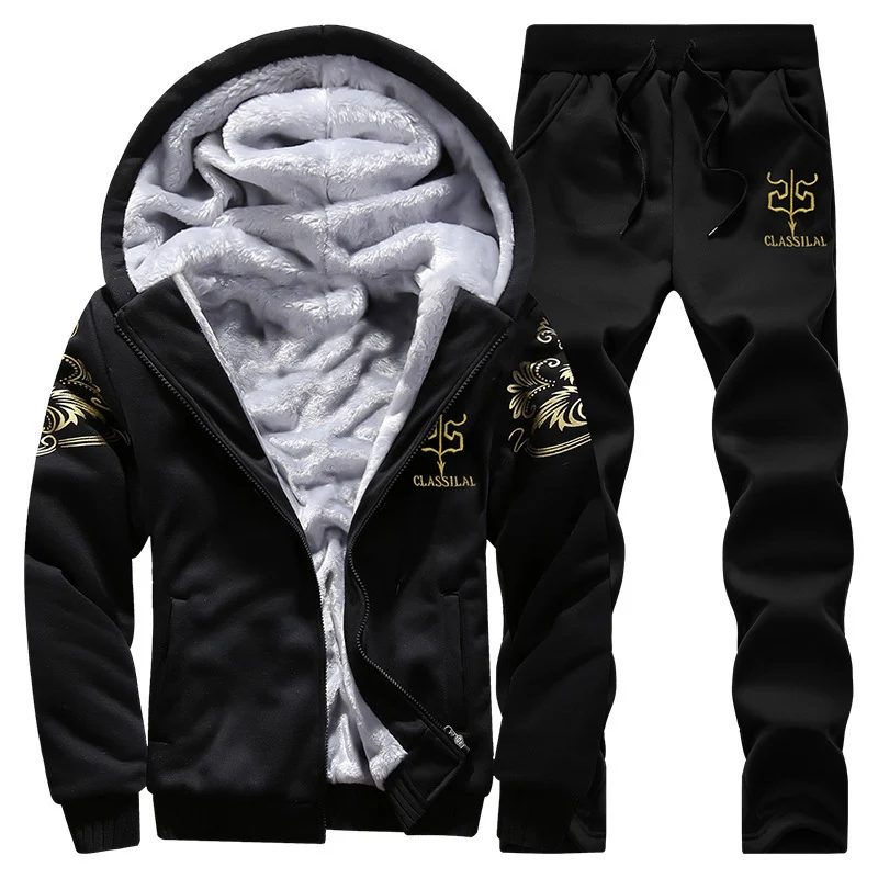 Herren gefütterter Hoodie-Trainingsanzug mit Teddyfleece-Innenfutter, Reißverschlussjacke und Jogger Drune