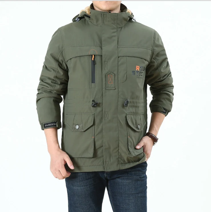 Herren Gefütterter Fieldparka im Utility‑Stil mit Teddyfleece‑Innenkragen, Kapuze und Mehrfachtaschen Drune