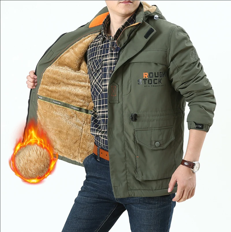 Herren Gefütterter Fieldparka im Utility‑Stil mit Teddyfleece‑Innenkragen, Kapuze und Mehrfachtaschen Drune