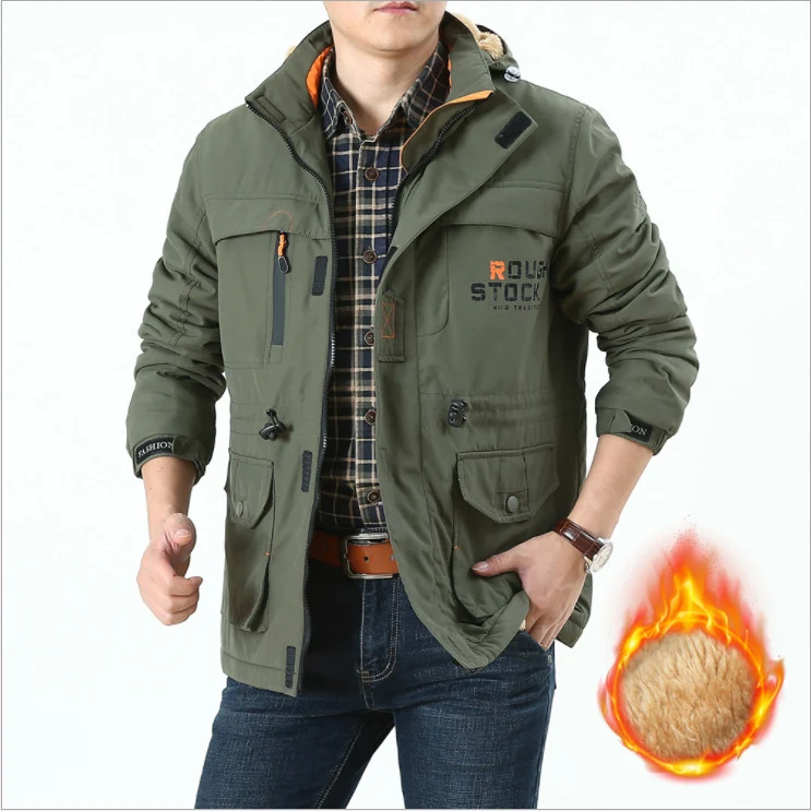 Herren Gefütterter Fieldparka im Utility‑Stil mit Teddyfleece‑Innenkragen, Kapuze und Mehrfachtaschen Drune