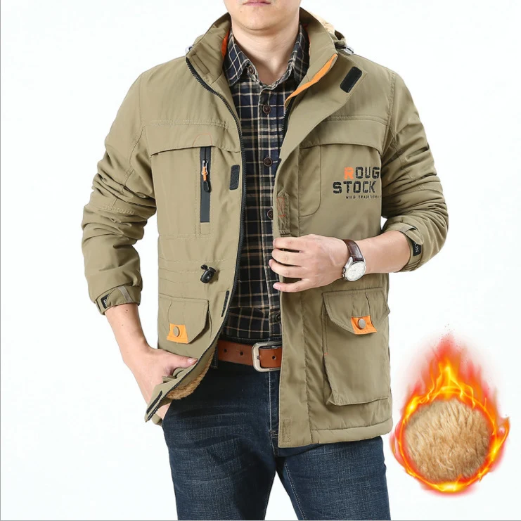 Herren Gefütterter Fieldparka im Utility‑Stil mit Teddyfleece‑Innenkragen, Kapuze und Mehrfachtaschen Drune