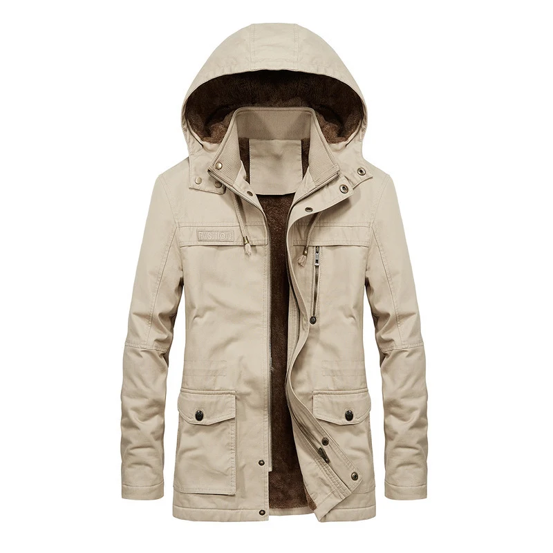Herren Gefütterter Canvas-Parka mit Kapuze, Teddyfleece-Innenfutter und Multifunktionstaschen Drune